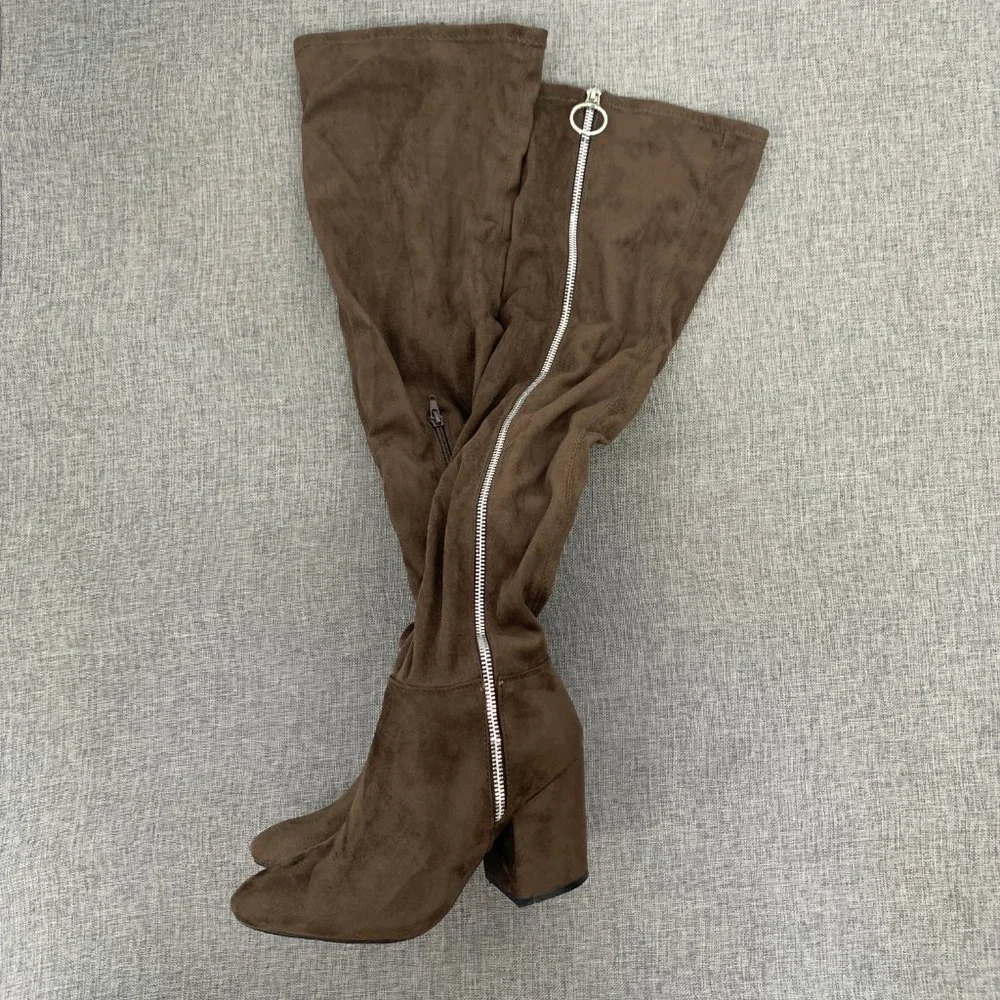 Shoe Dazzle Over The Knee Sexy Suede‎ Boots Brown Zipper Block 3.25